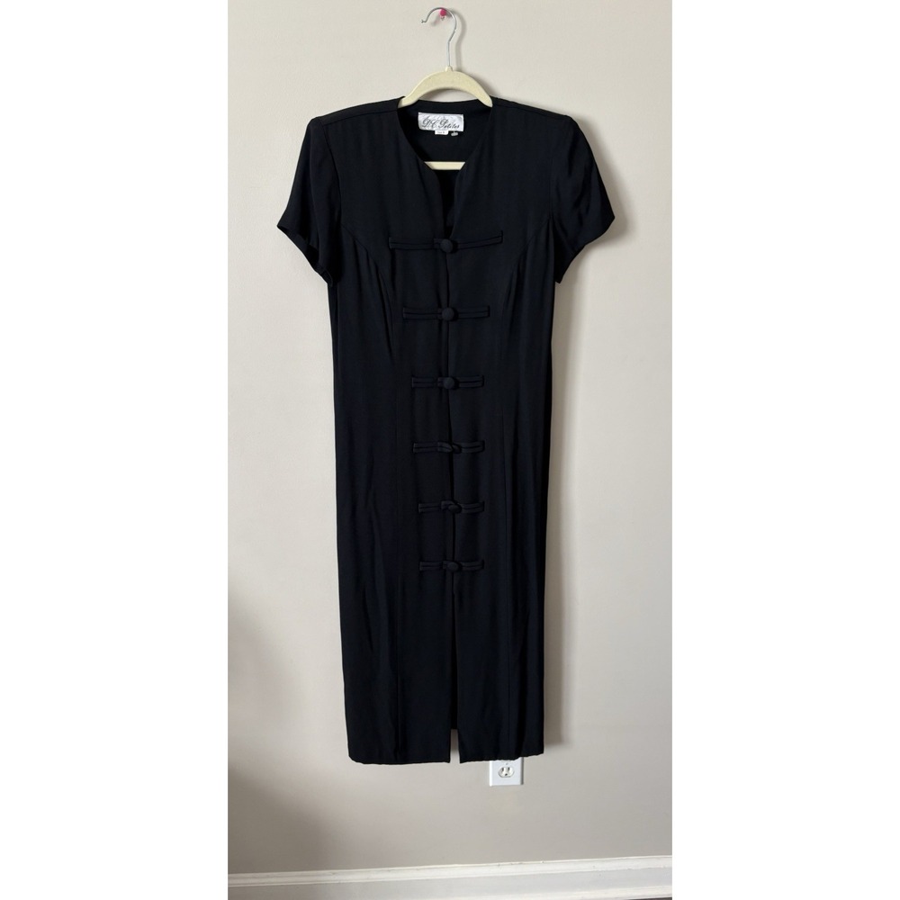 DG‎ Petites Vintage Black Asian Inspired Rayon Maxi Shoulder Pad Dress Lined S8